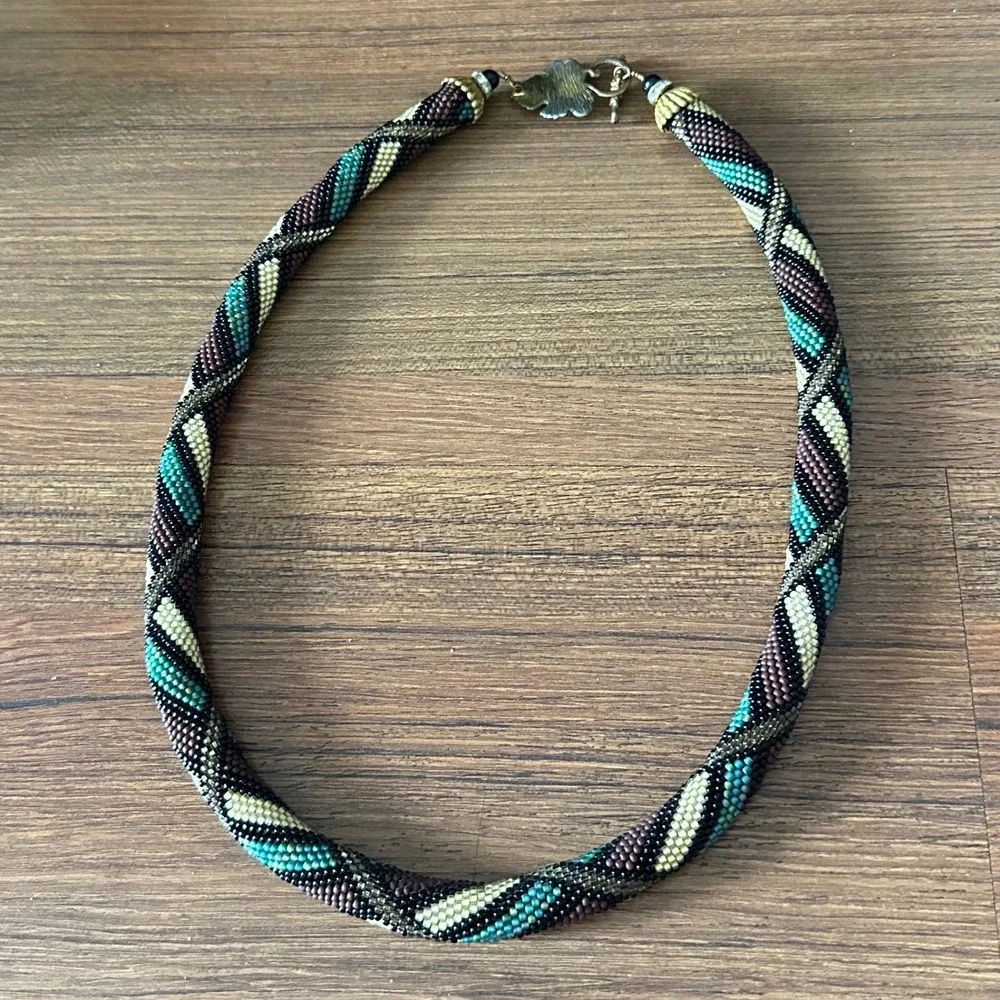 Vintage Seed Bead Crochet Rope Necklace Geometric Spiral Brass Leaf Toggle Clasp
